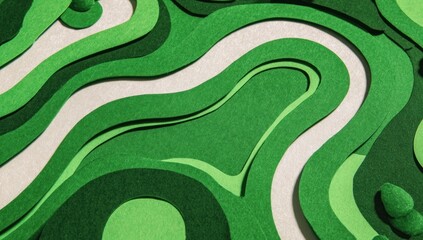 Abstract paper layers form a topographical map or golf course scene, featuring shades of green and cream in undulating, curved lines. The textures are felt-like