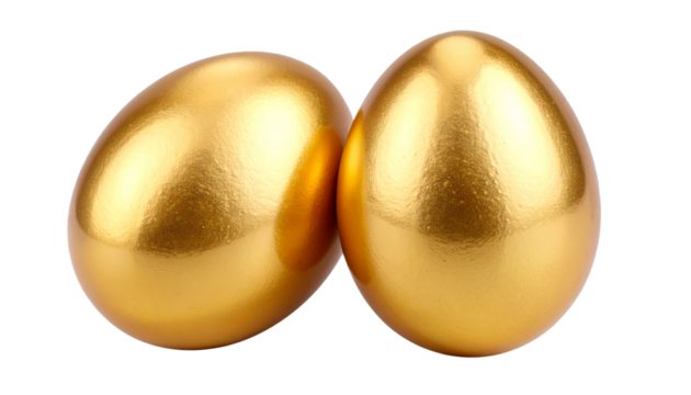 Two golden chicken eggs with smooth, shiny surfaces and warm metallic tones, realistically rendered and fully isolated on a transparent PNG background 