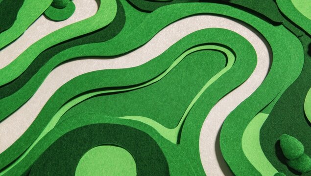 Abstract paper layers form a topographical map or golf course scene, featuring shades of green and cream in undulating, curved lines. The textures are felt-like