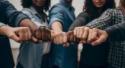 Diverse group of people bump fists in a gesture of solidarity and unity.