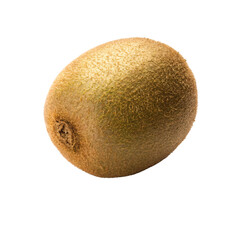 Fototapeta premium Whole brown fuzzy kiwi fruit with natural texture and small visible blemish on smooth white surface, isolated on a transparent background