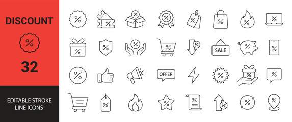 Discount Line Icons Set. Sale, Offer, Tag, Coupon, Shopping, Deal, and More. Vector Illustration.