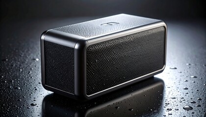 Obraz premium Sleek Black Speaker with Mesh Grille and Water Droplets on Surface