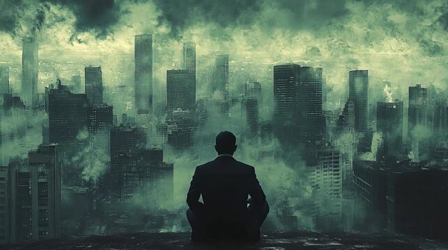 A lonely businessman sits atop a high ledge, overlooking a dark, foggy city devastated by economic collapse, unemployment, and bankruptcy&mdash;lost in despair and financial ruin.