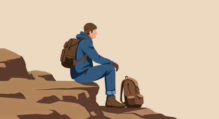 Flat Vector of Hiker Sitting on Rocky Ledge with Backpack