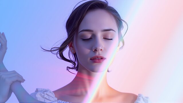 Elegant portrait of a peaceful black-haired woman, eyes shut, immersed in soft pink and blue neon hues with a dreamy pastel-inspired background