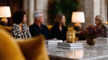 book club gathering, a diverse book club meeting in a stylish living room, engaged in animated discussions around a coffee table stacked with bestsellers, all captured in a cinematic wide shot