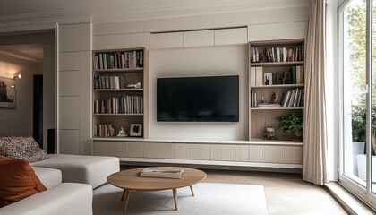 Stylish modern living room featuring a bespoke media center with wall-to-wall cabinetry and shelves.