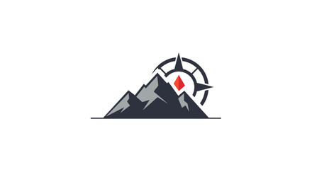 Flat Vector Emblem of Mountain Peak with Compass Arrow Overlay