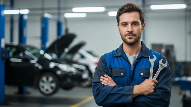 A professional male mechanic with a serious face holding wrenches in a car repair workshop a professional and reliable image of auto repair and skilled labor