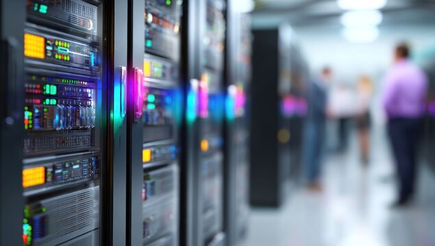 Server room racks with blinking lights in a focused foreground, blurred people work in the bright background, creating a techy, high-tech aesthetic