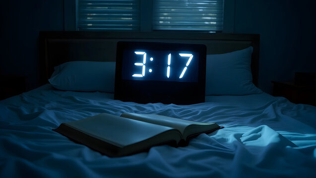 The glow of an alarm clock reading 3:17 AM illuminates an open book on a bed in the middle of the night. Insomnia concept