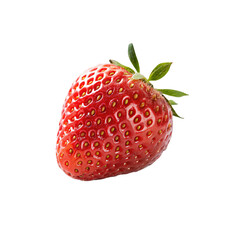 Fresh red strawberry with green leafy top and characteristic seed-dotted surface texture, isolated on a transparent background