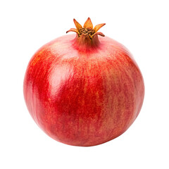 Whole pomegranate with deep red skin and distinctive crown opening at the top, isolated on a transparent background