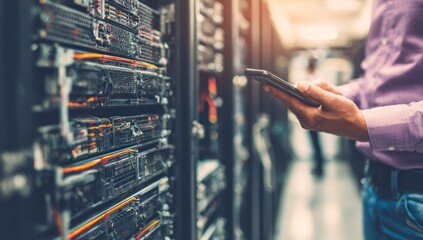 Man checking server racks with a tablet. Dark machinery, shiny metal and flashing lights dominate the background. Person wearing a purple shirt and jeans is out-of-focus in the foreground