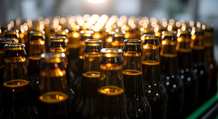 Close-up of rows of empty brown beer bottles in warm light. Banner template for brewery, packaging, beverage marketing, and quality control with copyspace.