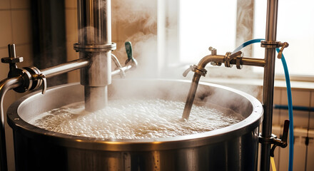 Close-up of boiling wort with steam in a brewing kettle at a modern brewery. Banner concept for craft beer production and beverage industry.
