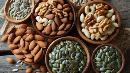 Fototapeta premium Overhead view of various nuts and seeds in wooden bowls