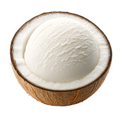 Coconut halves showing creamy white flesh and brown fibrous shell exterior, natural tropical fruit cross-section, isolated on a transparent background