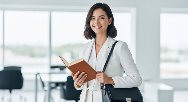 Elegant young businesswoman in a white suit smiling and holding a book in a bright modern office. Career success and professional development concept