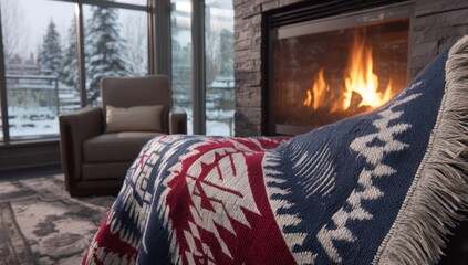 Cozy fireplace. A patterned blanket drapes a chair near a stone fireplace with flickering flames. 
