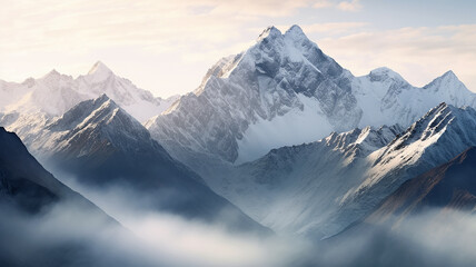 Fototapeta premium panorama landscape of mountains snowy peaks of rocks in fog and clouds.