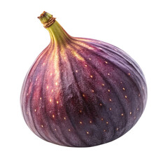 Fresh fig with purple-brown skin showing natural ribbed texture and distinctive teardrop shape with small stem, isolated on a transparent background
