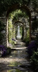 Ancient stone arch pathway leading to waterfall in lush forest