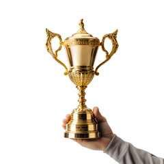 A hand holding a golden trophy against a black background