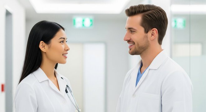 Two diverse young doctors, an Asian woman and a Caucasian man, smiling in a hospital hallway. Medical teamwork and professional communication concept.