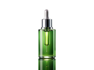 Fototapeta premium A green serum in a glass bottle with a dropper is isolated on transparent background, reflecting light