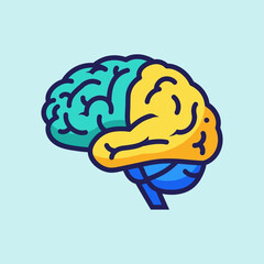 Colorful illustration of a human brain, showing its two hemispheres, on a light blue background.