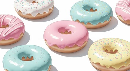 Delightful assortment of pastel donuts with colorful sprinkles for sweet treats and bakery promotions