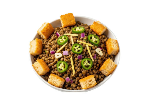 Ethiopian Azifa lentil salad with lentils, jalape&ntilde;os, red onions, garlic, ginger, and Injera croutons, on a transparent isolated background, studio lighting, authentic Ethiopian food concept