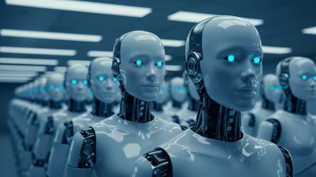 A Futuristic Assembly of Humanoid Robots with Glowing Blue Eyes Standing in Formation Inside a High-Tech Environment Highlighting Advanced Robotics and AI Technology