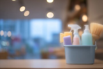 Blurred Background of Colorful Cleaning Supplies in a Bucket for Home Organization and Maintenance purposes on a Modern Kitchen Table
