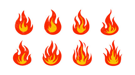 Set of flame icons in crayon style. Rough hand-drawn texture with pastel and chalk effect. Playful, punk-inspired doodle fire symbols for graffiti or childlike creative projects.