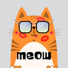 Funny orange tabby cat in sunglasses with lipstick kiss marks and "Meow" text on belly. Cute romantic cartoon vector for Valentine’s Day, cards, stickers, apparel, or pet-themed designs.