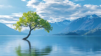 Tree in serene blue lake with snowcapped mountains and cloudy sky backdrop