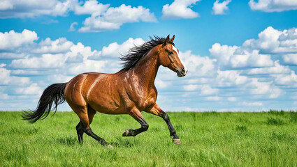 A chestnut horse galloping on the grassland