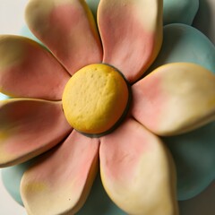 Close up view of a delicate pastel flower with a yellow center