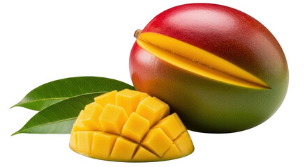 A vibrant and juicy mango with a slice cut out, showcasing its bright yellow flesh and tropical appeal isolated on transparent background