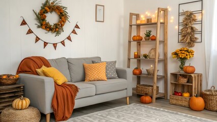 Cozy Autumn Interior with Gray Sofa, Pumpkin Decor, and Rustic Wooden Shelves in a Bright Room