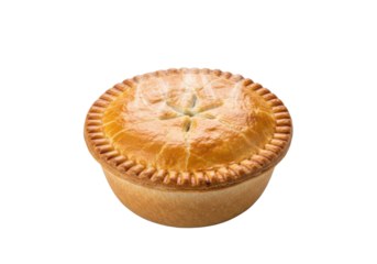 Perfectly golden-brown chicken pot pie, flaky crust, delicate steam, isolated on a transparent background with no shadows, high-end commercial food photography concept