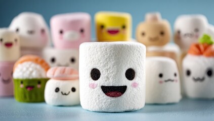 Sweet Faces Cylindrical marshmallows with smiling cartoon faces, some decorated as sushi or yellow duckling. The central marshmallow has rosy cheeks and a visible tongue. Soft