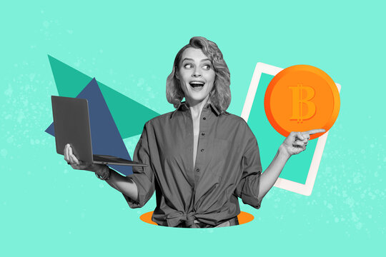 Banner full 3d image art collage of happy businesswoman businessman hold laptop receive blockchain coin capital income tablet - Powered by Adobe