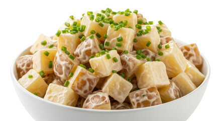 A bowl of creamy potato salad topped with fresh chives is ready to be served as a side dish isolated on transparent background