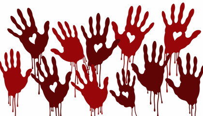 Bloody handprints overlapping on white background, Halloween symbolism