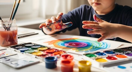 Fototapeta premium Child Painting Colorful Spiral with Watercolors on White Paper at Bright Table