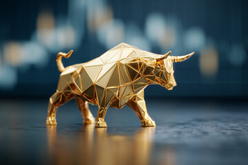 A golden share market bull  made out of golden glass prism with texture. standing on share market chart.  Golden bull. Bull market.  3d